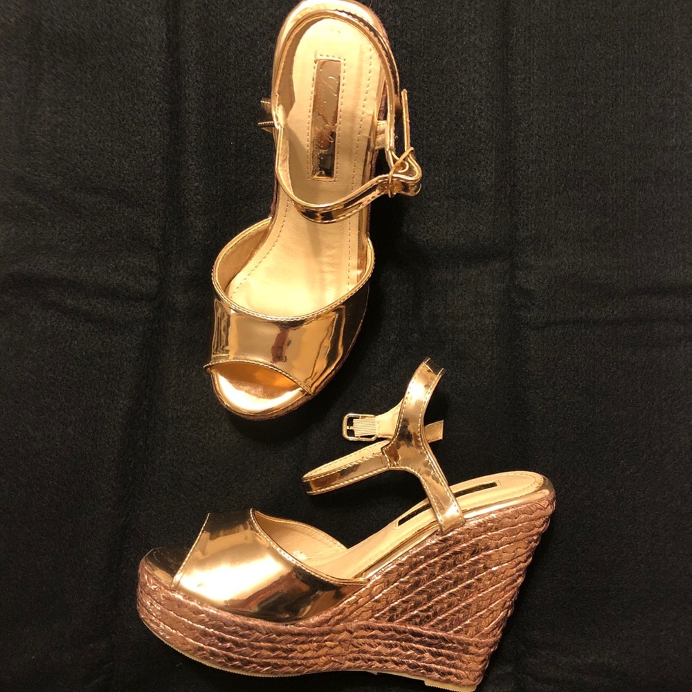 Lauren Lorraine Rose Gold Metallic Espadrille Wedge Sandals
